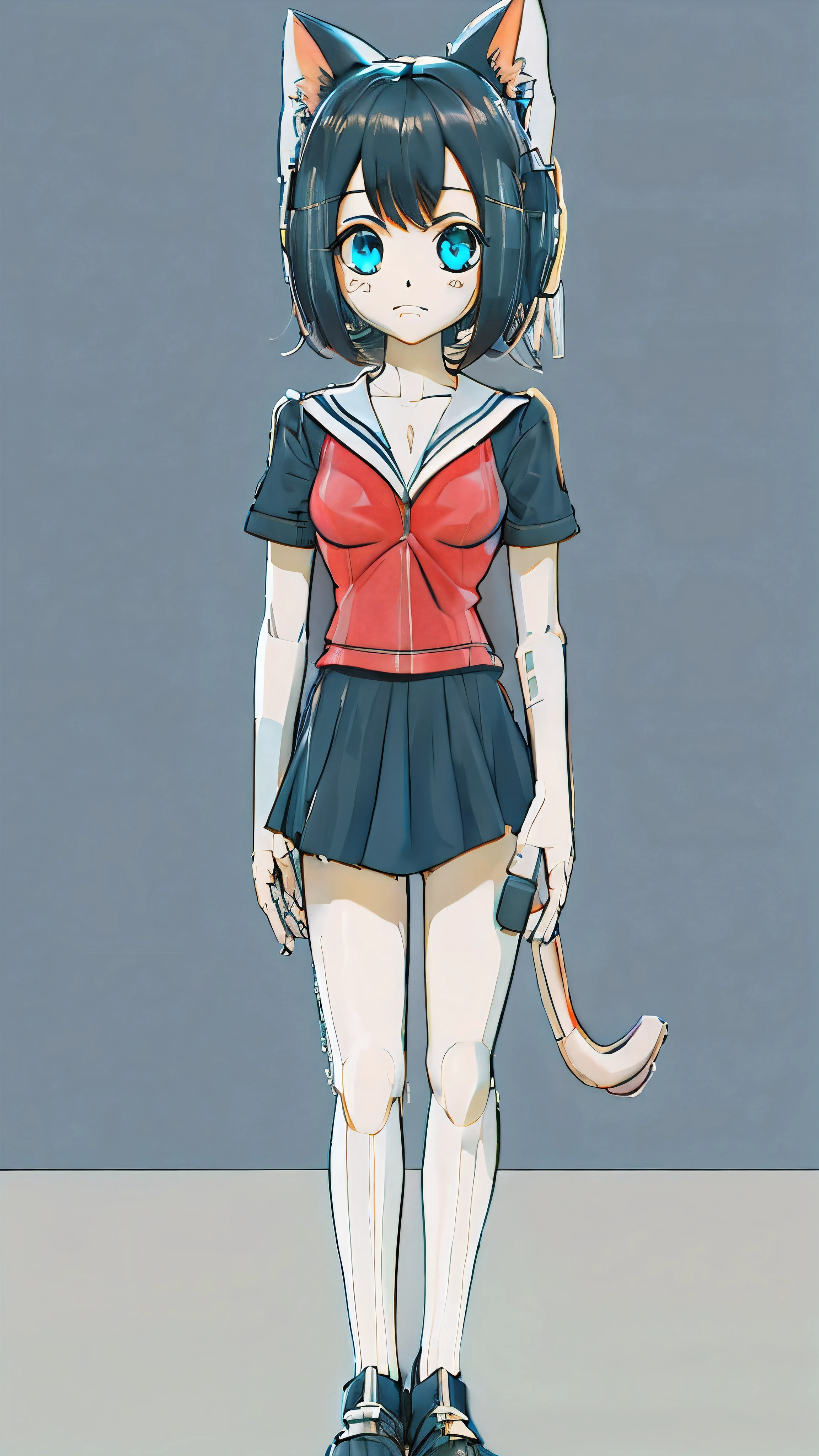 My girlfriend is a military combat robot disguised as a student and lurking in the classroom,Full body portrait,No expression, no reaction, eyes dull,expressionless face,Seriously,Vibrant fair complexion,smooth skin,bright red eyes,Dark blue full-cover cat ear headphones,Dark blue swimsuit,Dark blue collar, dark blue miniskirt, white sailor suit,sleeveless,Strapless,exposed,Expose,Exposed breasts,Exposing belly,Backless,flat chest,Flat chest,Toned abdominal muscles,Strong abdominal muscles,Bare legs,Showing thighs,Show your calves,Short stature,Luo Li,,Kindergarten,Thin legsefoot,angle of light,No shoes,no socks,thin waist,long fingers