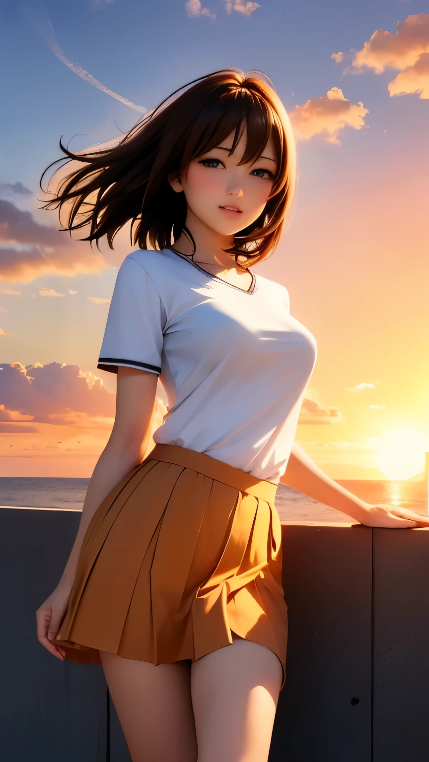 (highest quality, High resolution, Tabletop :1.3), (Shooting from below), Beautiful woman, Orange sunset sky, Sun and clouds with ocean in the background, Cute girl in uniform. Her hair is light brown、Medium bob style。. She is wearing a white blouse and a pleated mini skirt, Stand with your feet wide apart, Blushing, looking at the camera, Dynamic photoshoot micro kirt fluttering in the wind