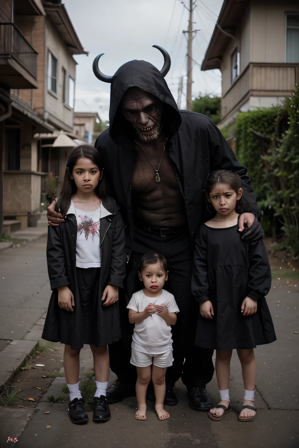 Deep meaning photo with scary man and children