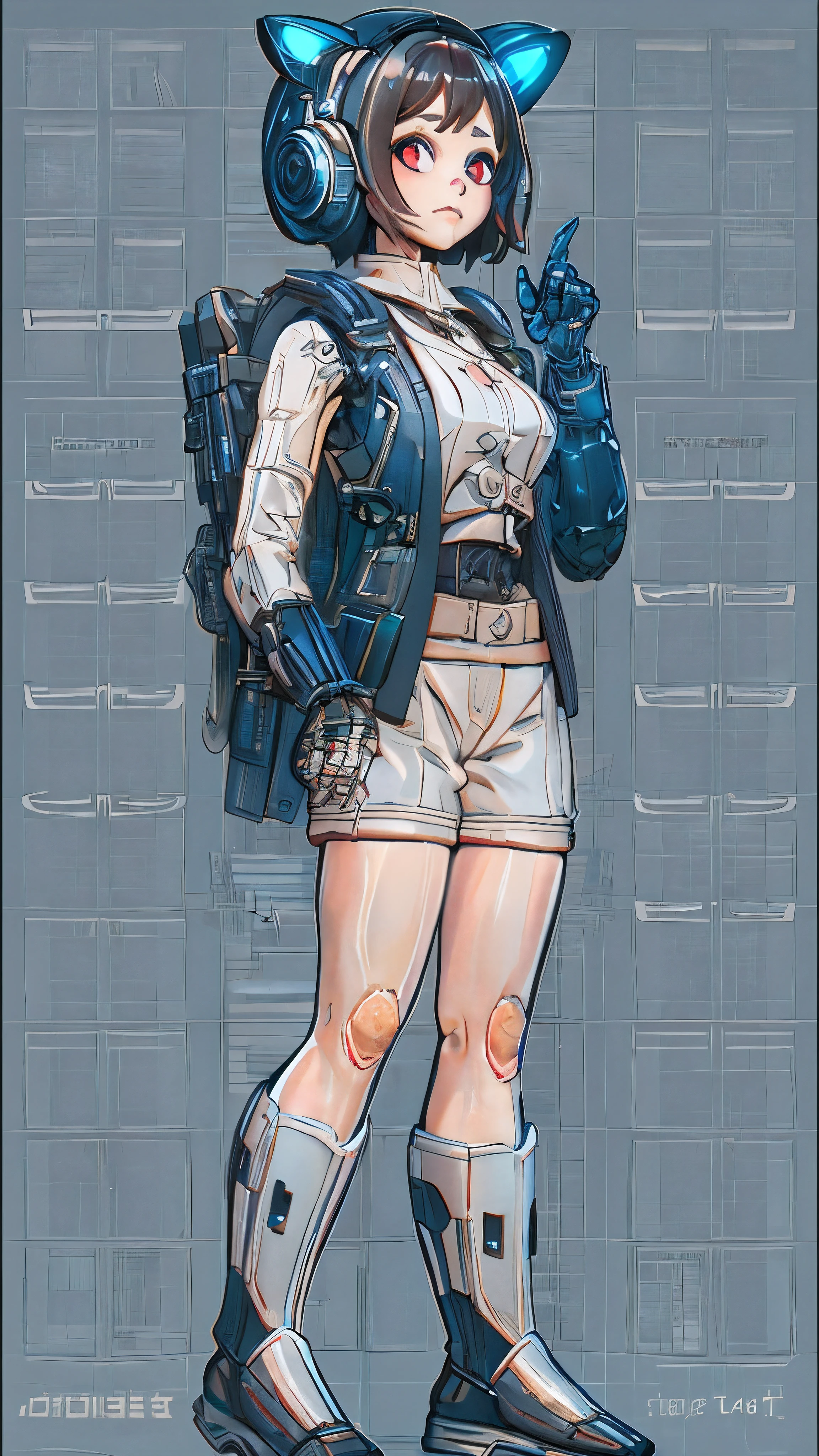 My girlfriend is a military combat robot disguised as a real student and lurking on campus to protect me，Full body portrait，No expression, no reaction, eyes dull，expressionless face，Seriously，Vibrant fair complexion，smooth skin，simulated skin，Simulation human appearance，bright red eyes，Dark blue full-cover cat ear headphones，Dark blue swimsuit，sleeveless，Strapless，exposed，Expose，Exposed breasts，Exposing belly，Backless，flat chest，Flat chest，Toned abdominal muscles，Strong abdominal muscles，Bare legs，Showing thighs，Show your calves，Short stature，Luo Li，primary school student，Kindergarten，Thin legs，barefoot，angle of light，No shoes，no socks，thin waist，long fingers