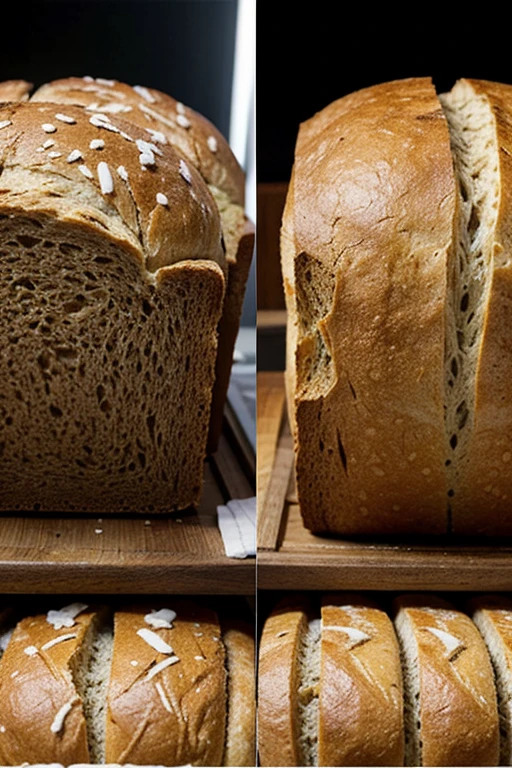 Split image: one side with a factory assembly line of generic bread, the other with a close-up of a beautifully crafted, unique artisan loaf