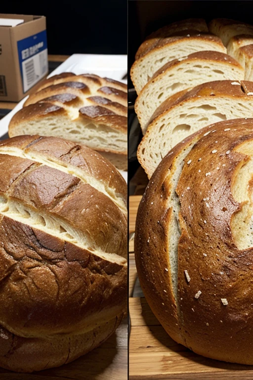 Split image: one side with a factory assembly line of generic bread, the other with a close-up of a beautifully crafted, unique artisan loaf