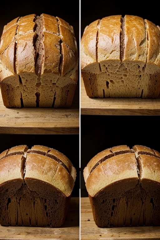 Split image: one side with a factory assembly line of generic bread, the other with a close-up of a beautifully crafted, unique artisan loaf recreate this image