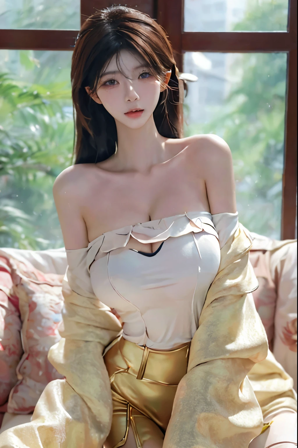 Beautiful woman with perfect body：1.4，Layered Hairstyle，Prominent cleavage，Highly detailed face and skin textures，Double eyelids，Skin Whitening，Long hair，Whitened long legs，（Gold clothes），standing in living room