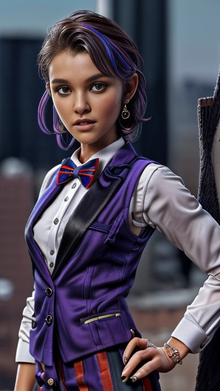 photo of celebrity, RAW, beautiful woman, ((portrait)), ((detailed face, colorful rainbow hair:1.2)), ((detailed facial feature, detailed skin, clear skin, parted lips), (perfect proportioned body, medium breasts), ((wearing a tuxedo, dress shirt, bowtie, blazer, suit jacket, waistcoat, bodycon miniskirt, pencil skirt, jewelry: 1.5)), (high detailed city rooftop: 1.3), (realistic photo, best quality, detailed), (8k wallpaper), (cinematic lighting, dramatic lighting) (sharp focus, intricate)