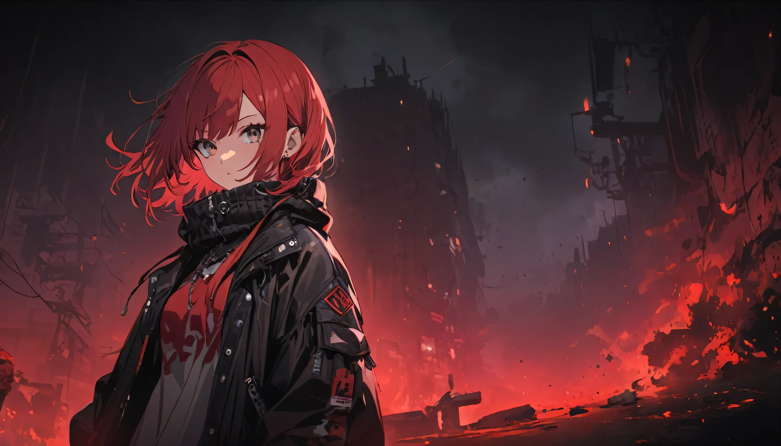 masterpiece, Highest quality, 8k, Digital Painting, 1 girl, alone, stand up, Young people, , , hair accessory, Red eyes, Round pupils, , Bloodstain, Machinery Parts, electric wire, cable, Impact of failure, That's horrible, sf, Futuristic, Dark background, Neon Light, Cyberpunk characters, Surreal, strange, Anxious, spine-chilling, That's horrible, Jumpsuit,Red eyes,Poison Possession,It turned black,Long black gloves,one piece pants,tight latex bodysuit,Highlighting her beautiful figure,Enveloping the whole body,symbiosis,((Raised to be sexy)),Jumpsuit,Red eyes,Poison Possession,It turned black,Long black gloves,one piece pants,Black latex clothing,Blood-Red eyes,Highest quality, High resolution, Very detailed, Vibrant Texture, mask, tight latex bodysuit, bangs,Purple Hair, blue eyes,evil smirk,evil smile,