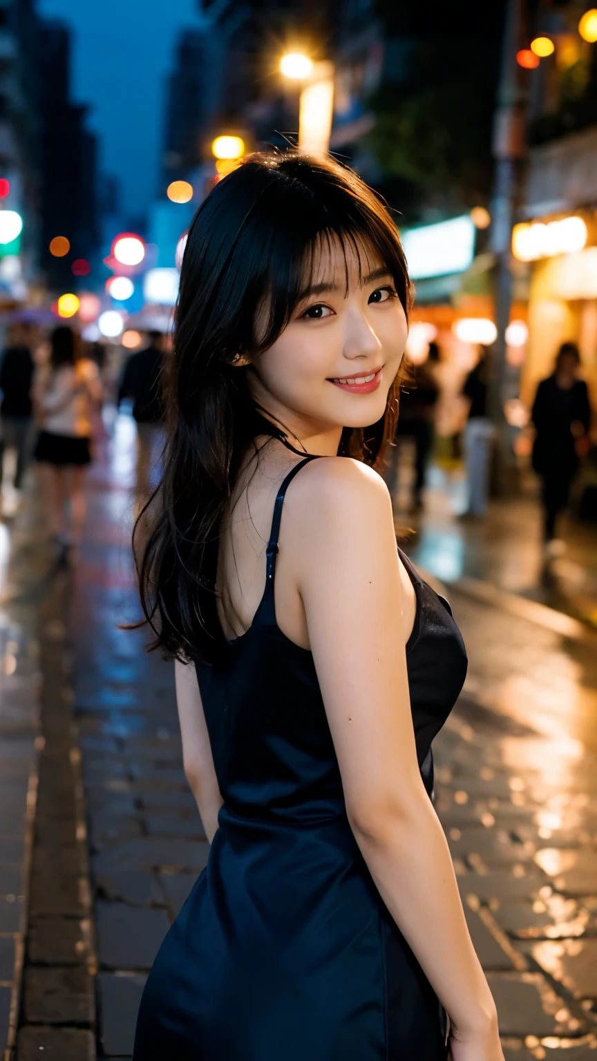 (silk evening dress, deep slit, large breasts, cleavage,:1.1), 1girl,solo,long hair,Rough skin,from back,face focus,(looking at viewer:1.2),wet hair,dark,polaroid,(depth_of_field:1.5),rainy days,outdoors,street,hair between eyes,moody lighting,Tyndall effect,Cinematic Lighting,night,lamppost,lens flare,available light,rim light,glowing neon lights,curvy, no panties, blush smile,korea girl,