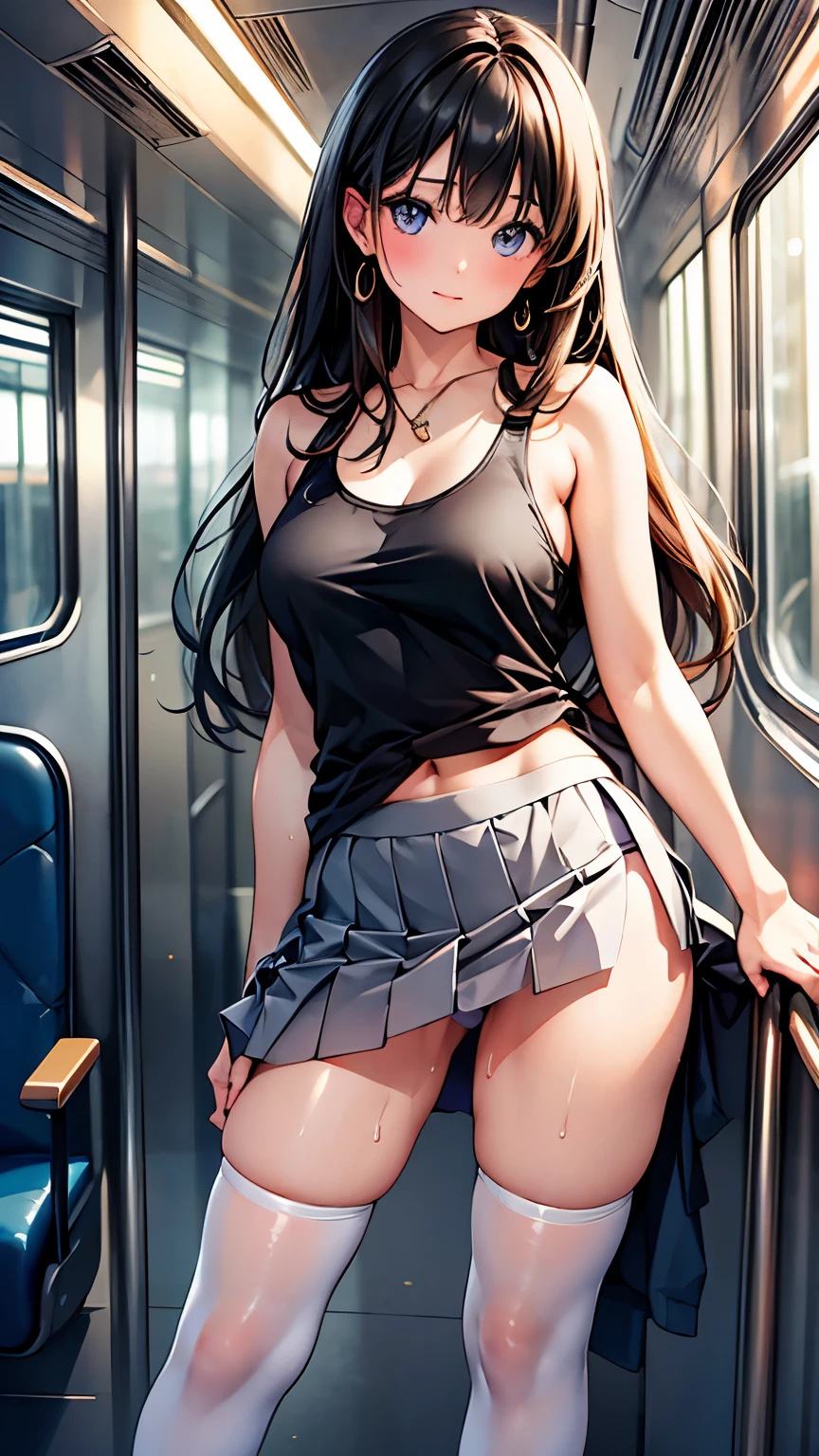 ((masterpiece, Highest_quality)), One Woman、Beautiful mature woman、 (Realistic:1.4),  alone, black_hair, length_hair,   zettai_ryouiki, Micro Mini Skirt, ((full_body)),White panties、Are standing、Embarrassed expression、Absolute area、Over the knee socks、in the train、See-through tank top、48 years old、Restless、Sweat、Are standing、Perfect limbs