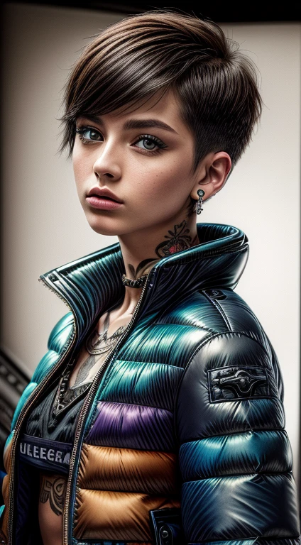 realistic,photo,35mm,cinematic(1woman with super puffer balenciaga jacket with short hair,neck tattoos)colorful background graphite,ultra sharp