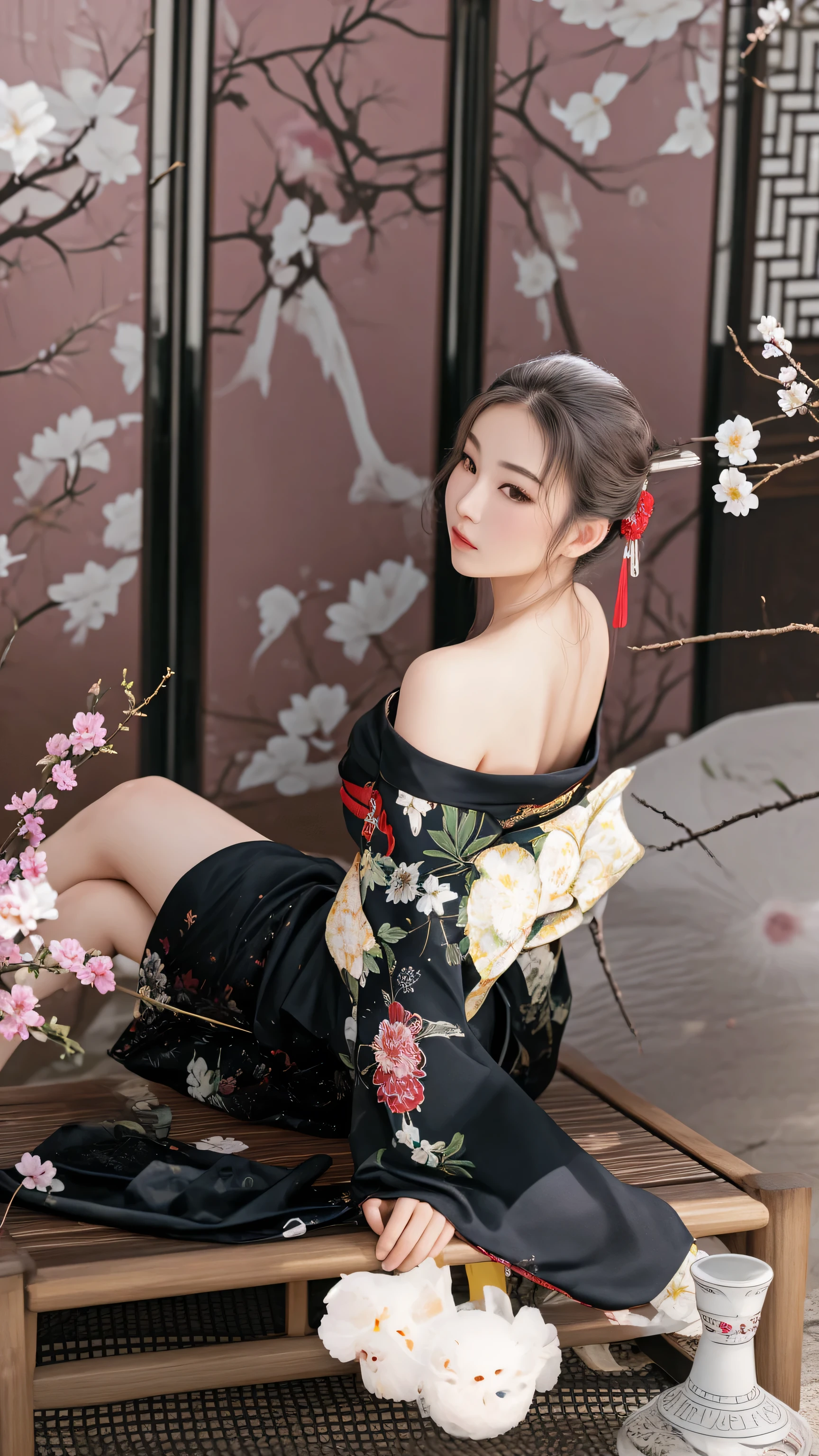 there is a woman sitting on a bench with a flower in her hair, in kimono, japanese goddess, wearing kimono, in a kimono, glamorous and sexy geisha, kimono, japaneese style, elegant japanese woman, japanese kimono, traditional beauty, japanese model, cheongsam, hanfu, wearing a kimono, Ghost Festival