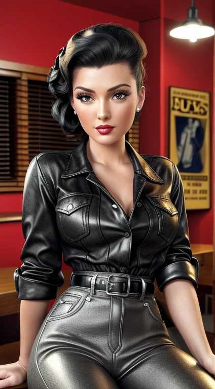 photorealistic, (4k), (Masterpiece), (realistic skin texture), extremely detailed, intricate, hyper detailed, high resolution, sharp detail, best quality, woman, pinup \(style\), black hair, 40s movie inspired, pinup girl, jean jacket, rockabilly, pinup pose, black leather pants, (front tied shirt), retro diner, red shirt, sitting, kkw-ph1,