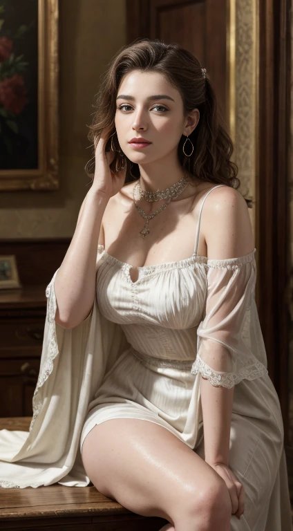 (Masterpiece:1.2, Best quality), Realistic, (Real picture, Intricate details, Depth of field),  parted lip, highly  detailed, victorian dress style, Perfect face, Perfect body, Large models, Mature woman, Tall, Long legs, Natural background bokeh, necklace, beautiful earring, offshoulder, georgian era hairstyle, eyes on camera, high angel shot, ((up to knee)), wet skin,