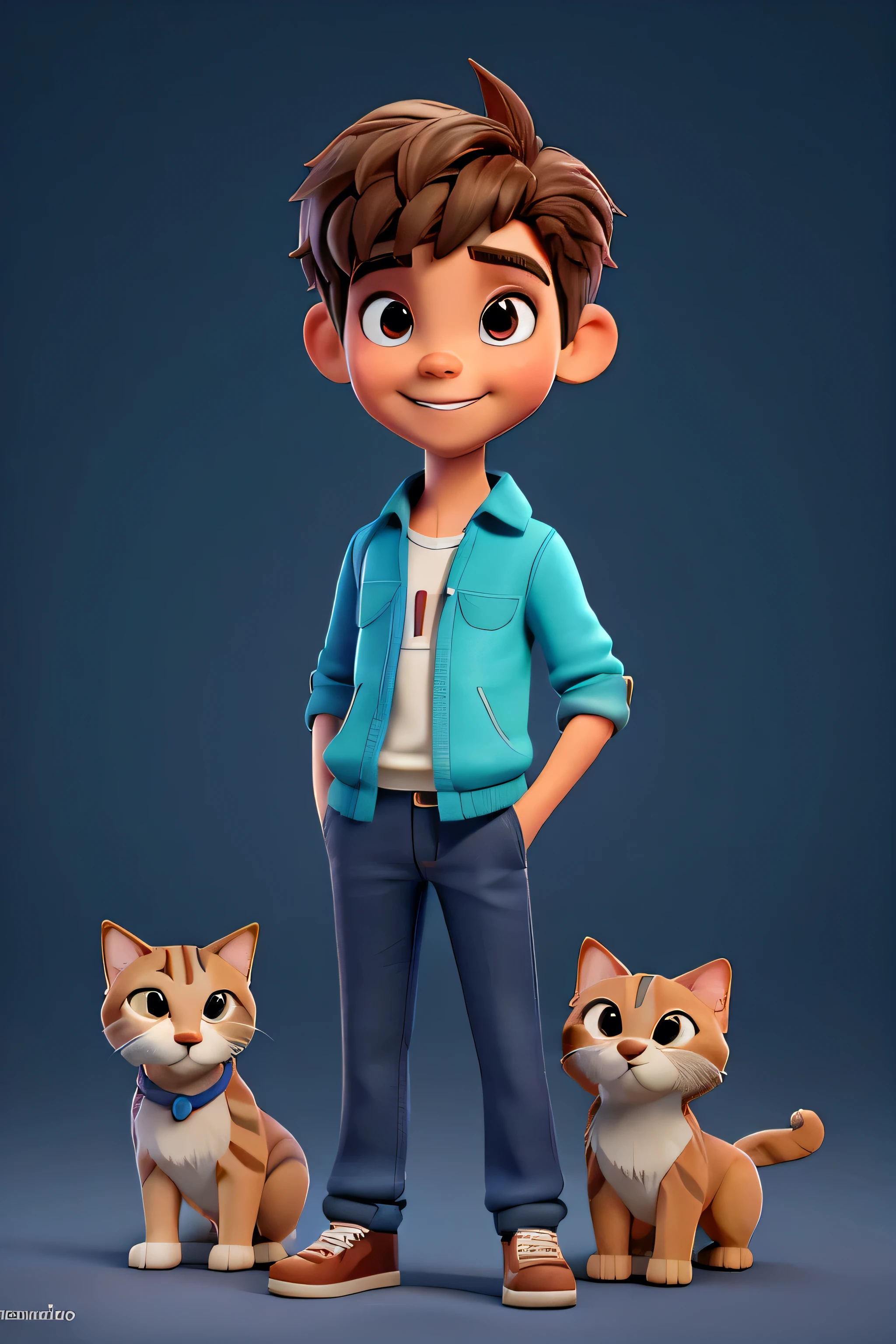 boy with pet, dog and cat, sorriso suave, standing figure, Personagem de desenho animado, 3D rendering, simatic lighting, rastreamento de raios, (A melhor qualidade, 8K, high resolution, obra-prima:1.2), caprichoso, (parque da cidade com sol forte).