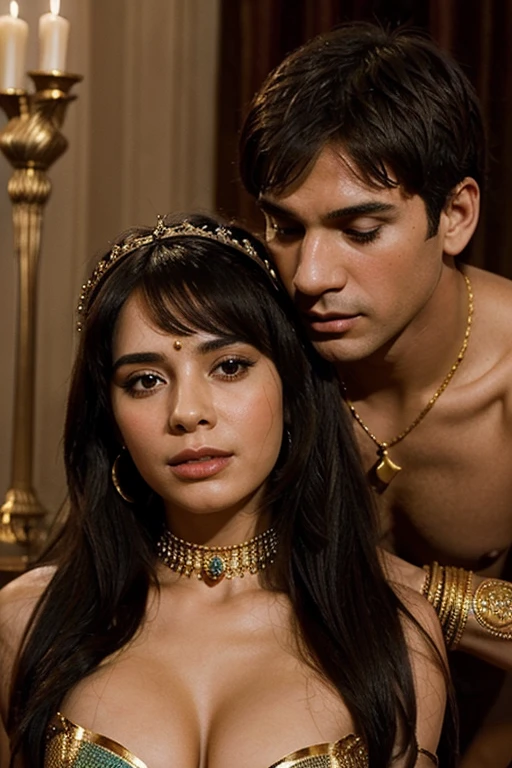 Create a scene of Cleopatra with her lover Mark Antony, try to convey as accurately as possible the realism of their love passion and the details that are identical to them.