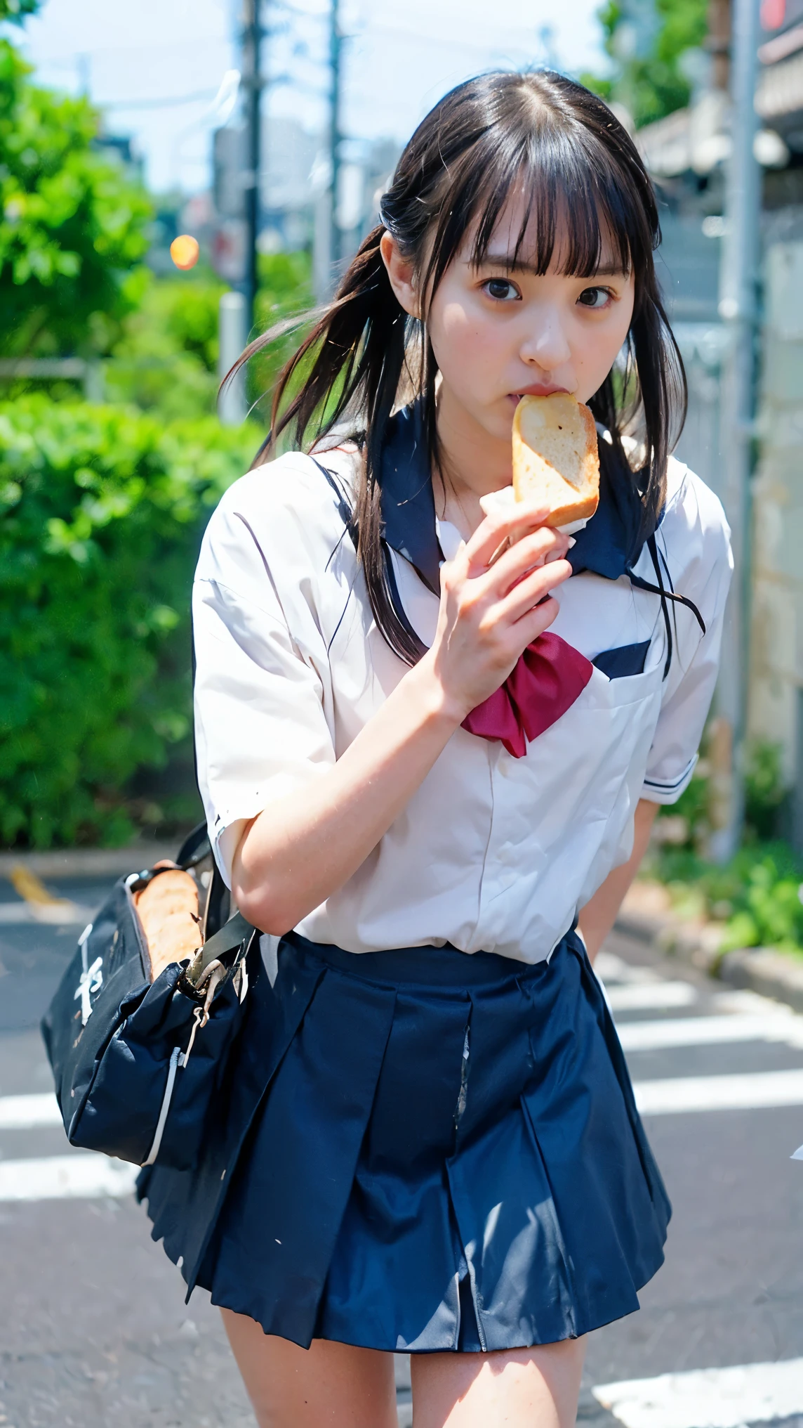 A high school girl wearing a navy blue sailor suit、Ride a bike and hurry。
A white uniform with blue lines on the collar and cuffs。
Her medium-length black hair is tousled by the wind.、Some parts of my face or forehead are stuck to my skin due to sweat.。
Her big eyes are filled with anxiety and tension、Sweat on the face and forehead。
A piece of bread was tightly held in the corner of his mouth.、The corners of the bread stick out noticeably.。
Her cheeks turned red、It&#39;s clear they&#39;re in a hurry。
She rides a silver city bike、I&#39;m holding the handlebars tightly and pedaling with all my might.。
Riding a bicycle in a forward leaning position、The sense of speed as if cutting through the wind is conveyed.。
Her hair and uniform skirt fluttered in the wind、A black shoulder bag is hanging from his back.。
In the background、A typical Japanese residential area spreads out、A little old house々and green trees々、Flowers can be seen on both sides of the road.。
The sky is blue、Some birds are flying、The morning sun shines in and the shadows grow long。
At the end of the road, I could see the slightly blurred school gate.、Several other students can be seen walking to school.。