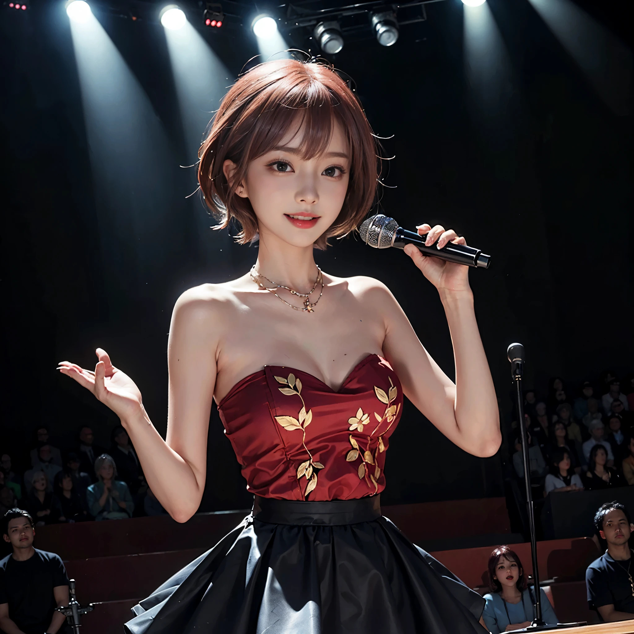 (1 Sexy Woman, Solo, Red Hair, Short Hair, Bungs, Japanese Idol, gorgeous, idol_singing_costume, Skirt:1.4), Idols put on singing costumes, Dancing, Holding a microphone, Singing, Singing, Beautiful Legs, Spot light, (Detailed Eyes, Beautiful Eyes, glossy lip, large breasts, Smile:1.3), (Cowboy Shot:1.2), (Silhouettes of the audience cheering in the audience, stage lighting, stage spotlight, looking at viewer, smile, Performance stage background:1.3), ((anatomically correct)), (Futuristic Portrait), (Close-Up:1.4), tmasterpiece,high qulity,one-girl,Idol singer,Gorgeous and cute clothes,holding microphone in hand,On a stage with twinkling lights,ssmile,Singing,Silhouettes of the audience cheering in the audience,detail-rich,Correct fingers,Movie lighting, Rim Lighting, Cinematic Light, necklace, Look at viewer, no futuro telhado de luz neon, SSCI - FI e Fantasia, intrincado e muito bonito e elegante, altamente detalhado, pintura digital, art-station, arte conceitual, smooth and sharp focus, illustration, Arte de Tan Zi e Ayanamikodon e Alphonse Mucha e Wlop