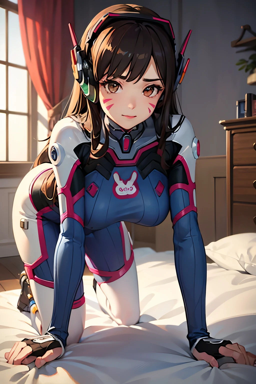 Perverted man Possessed DVa, glowing red eyes, seductive grin, horror ambience, dark, bedroom, happy, waking up in Dva's body, bedroom, sitting in bed, in awe, looking at own body