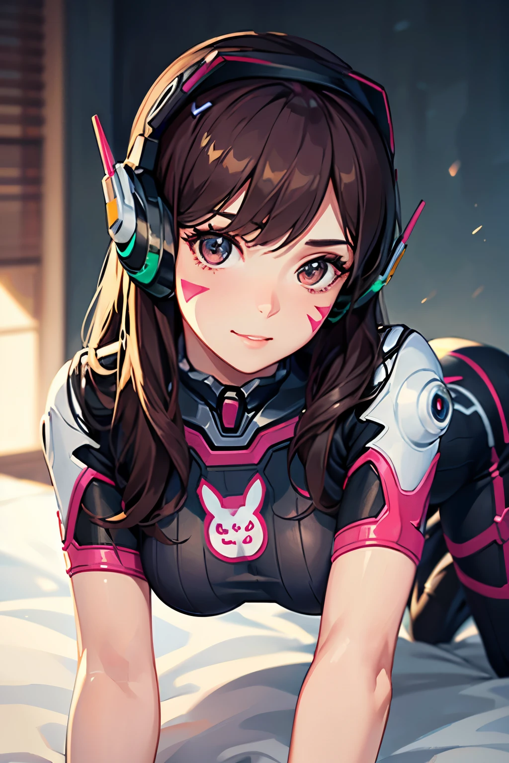 1girl, On all fours pose, on a big luxurious bed, crawling towards the viewer, aahana, hana, dva, long hair, brown hair, headphones, whisker markings, shoulder pads, blue bodysuit, ribbed bodysuit, animal print, clothes writing, long sleeves, white gloves, ((detailed)), ((best quality)), ((masterpiece)), extremely detailed CG unity 8k wallpaper, 32k, focus sharp, photo of perfecteyes eyes, perfecteyes eyes, Masterpiece, raw, beautiful art, professional artist, 8k, very detailed face, very detailed hair, perfectly drawn body, beautiful face, very detailed eyes, smiling, rosey cheeks, intricate details in eyes, perfect fit body, beautiful body, extremely detailed, intricate details, highly detailed, sharp focus, detailed skin, realistic skin texture, texture, detailed eyes, high resolution, kodak vision color, foto_\(ultra\), post-processing, maximum detail, roughness, real life, ultra realistic, photorealism, photography, absurdres, RAW photo, highest quality, high detail RAW color photo, professional photo, extremely detailed UHD 8k wallpaper unit, best quality, highres, (masterpiece, top quality, high resolution:1.4), photo, cinematic, film grain, sharp, soft natural light, magic photography, super detailed, anatomically correct, perfect anatomy