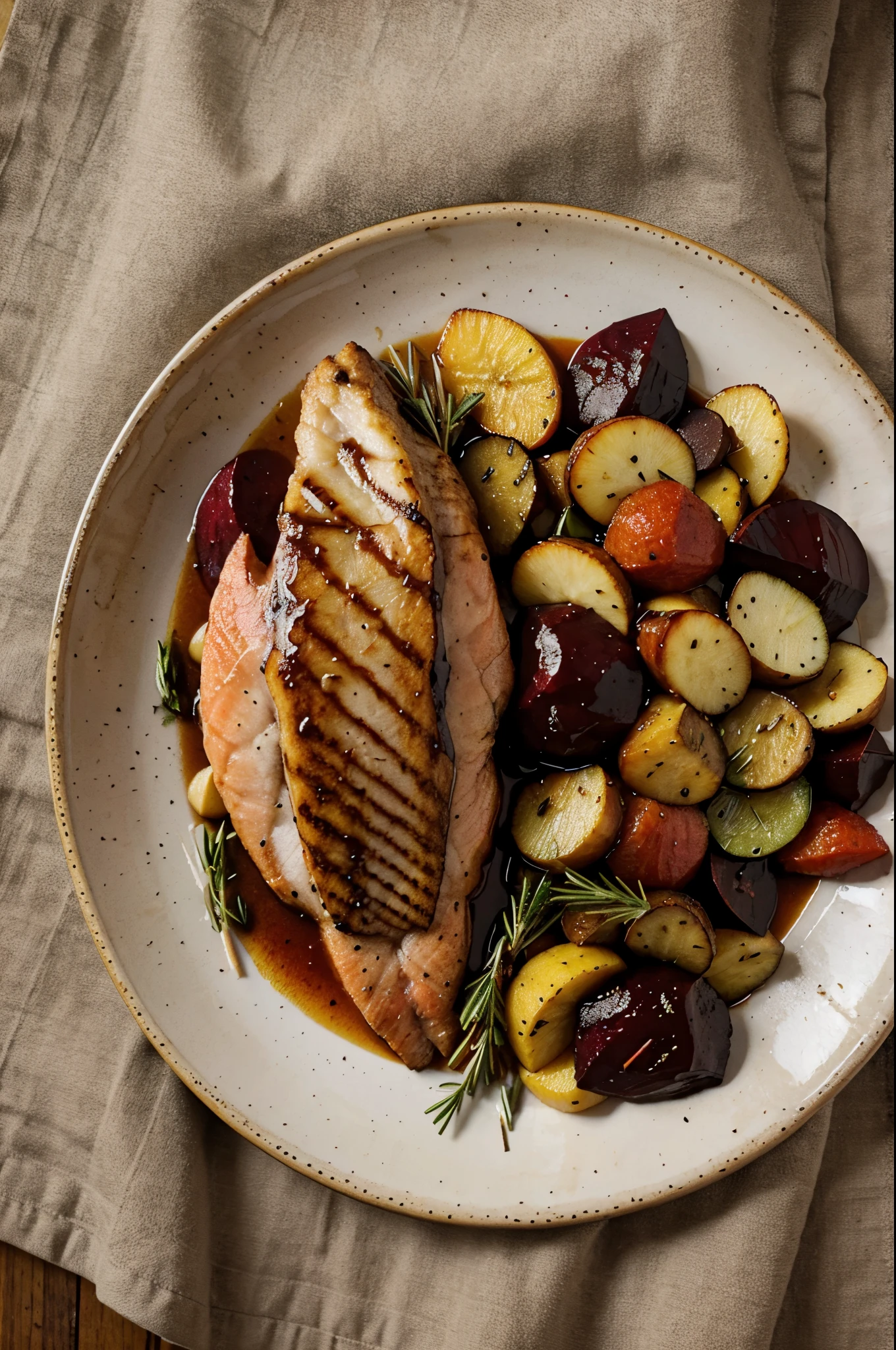 Carp fillet on a bed of root vegetables with rosemary jus and beetroot chips