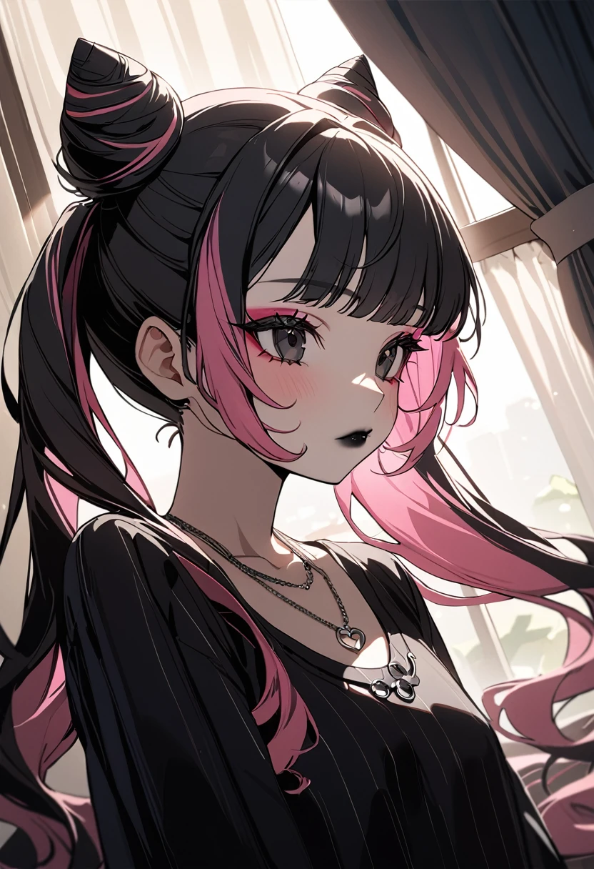 1girl, Holo-Punk Style, black eyes, black hair, black lips, cone hair bun, twin tails, curtains, double bun, hair bun, jewelry, lipstick, long hair, makeup, multicolored hair, necklace, pink hair, solo, upper body, newest, cinematic angle, cinematic lighting, masterpiece, best quality, innocent, cute, , young, (((12 years old)))