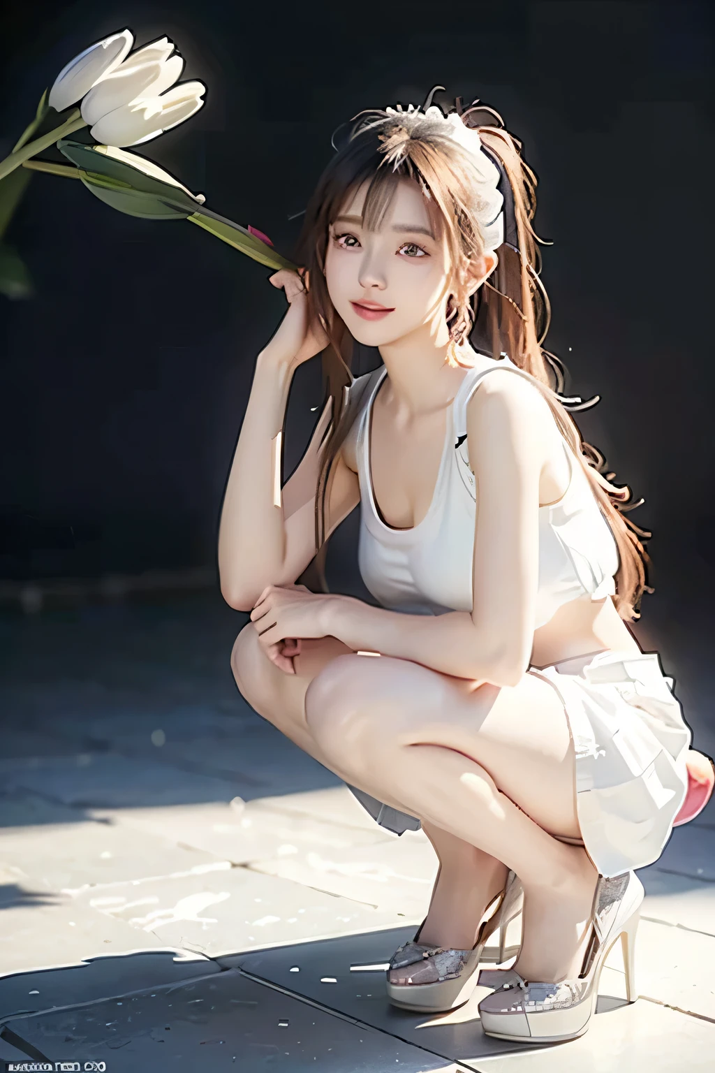 An innocent 20-year-old girl, (white sleeveless Asymmetrical top:1.5), (Tulip skirt:1.5), (high heels), (Dramatic Pose),smile, (High Ponytail),natural Park、RAW Photos, (8k, highest quality, masterpiece:1.2), (Intricate details:1.4)、(Photorealistic:1.4), Octane Rendering, Complex 3D rendering with ultra-detail, Studio Soft Light, Rim Light, Vivid details, Super Detail, Realistic skin texture, Detailed aspect, Beautiful details in the eyes, Highly detailed CG Unity 16k wallpaper, compensate, (Detailed Background:1.2), Glowing Skin, whole body, (thin legs:1.2), (small waist), (Cleavage), (looking at viewer:1.2)