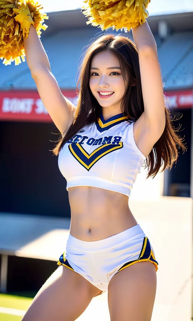 Jumping、Shooting at the stadium、Wearing a cheerleader costume、(((having cheerleader pom poms)))、smile、Are standing、((Best Quality, 8K, masterpiece :1.3)), Full body、sexy girl with perfect figure :1.4, Slender Abs :1.1, ((Huge breasts :1.2)),Ultra-detailed face and skin