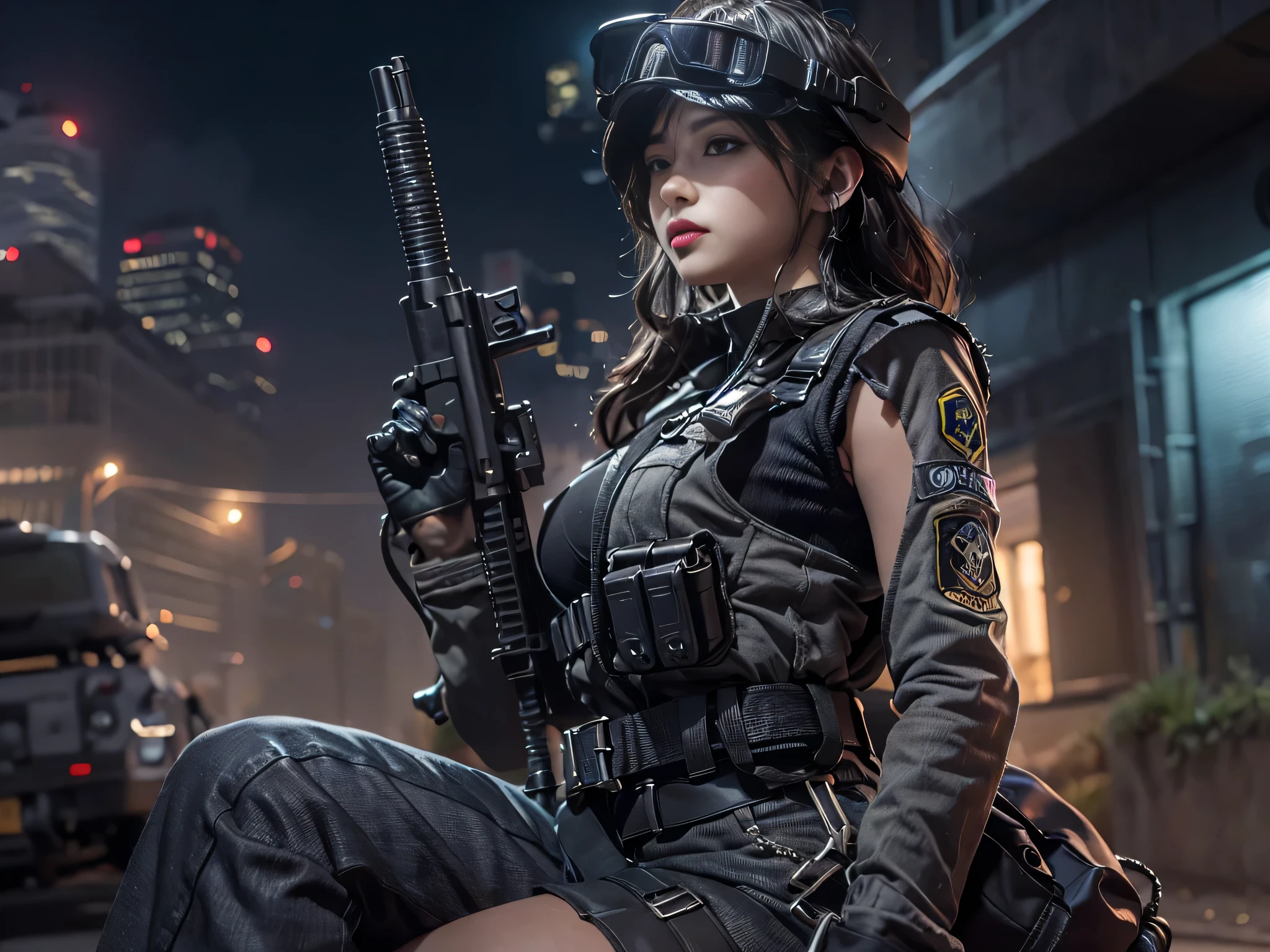 (Highest image quality, excellent details, Ultra-high resolution), (Realism: 1.4), favor details, High Condensation 1 Beautiful Girl, with a delicate and beautiful face, ((Cowboy Shot)), (Slightly chubby:0.4), (Wearing a black racing suit and liking police uniform, Black and gray mechs, Wearing a military harness, holding a machine gun), ((Concrete fortress at night on the background,Wear night vision goggles、Special Forces Helmet、Combat stance、uptight、Urban Warfare))