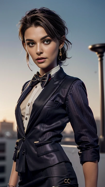 photo of celebrity, RAW, beautiful woman, ((portrait)), ((detailed face, colorful rainbow hair:1.2)), ((detailed facial feature, detailed skin, clear skin, parted lips), (perfect proportioned body, medium breasts), ((wearing a tuxedo, dress shirt, bowtie, blazer, suit jacket, waistcoat, bodycon miniskirt, pencil skirt, jewelry: 1.5)), (high detailed city rooftop: 1.3), (realistic photo, best quality, detailed), (8k wallpaper), (cinematic lighting, dramatic lighting) (sharp focus, intricate)