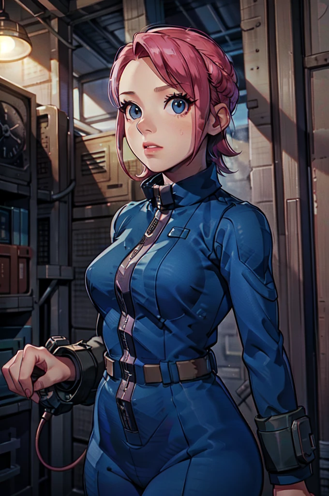 Mayl Sakurai reimagined as a vault dweller, doing maintenance in an underground vault. Her vibrant pink hair stands out against the dimly lit environment. She is a 26-year-old woman dressed in a vault dweller jumpsuit, indicative of her role in the post-apocalyptic world. The jumpsuit is worn but still functional, reflecting the harsh conditions of life underground. Her face is beautifully detailed, with expressive eyes that convey determination and intelligence. Her lips are also well-defined, adding to her overall allure.

In the vault, Mayl Sakurai is seen operating a pipboy, a wrist-worn device that serves as an essential tool and information hub for survival in the vault. The pipboy's screen emits a soft glow, illuminating Mayl's face and casting a subtle green hue on the surroundings. The details on the pipboy, from its buttons to its display, are extremely detailed, showcasing its futuristic design.

The underground vault is filled with mechanical equipment and pipes, emphasizing the importance of maintenance in this post-apocalyptic world. The atmosphere is gritty and industrial, with a hint of mystery and danger. The lighting is dim and has a hint of blue tones, enhancing the underground ambiance.

Despite the grim surroundings, Mayl Sakurai exudes confidence and strength as she jumps into action, ready to fulfill her duties as a vault dweller. Her posture and expression suggest that she is prepared to face any challenge that comes her way.

The image quality should be at its best, with 4K resolution and ultra-detailed rendering, capturing every intricate detail of the scene. The colors should be vivid, emphasizing the contrast between Mayl's vibrant pink hair and the dimly lit environment. The overall style should lean towards a post-apocalyptic concept art aesthetic, blending realism with a touch of fantasy.

In summary, the Stable Diffusion prompt for the provided theme would be:
Mayl Sakurai reimagined as a vault dweller, doing maintenance in an undergr