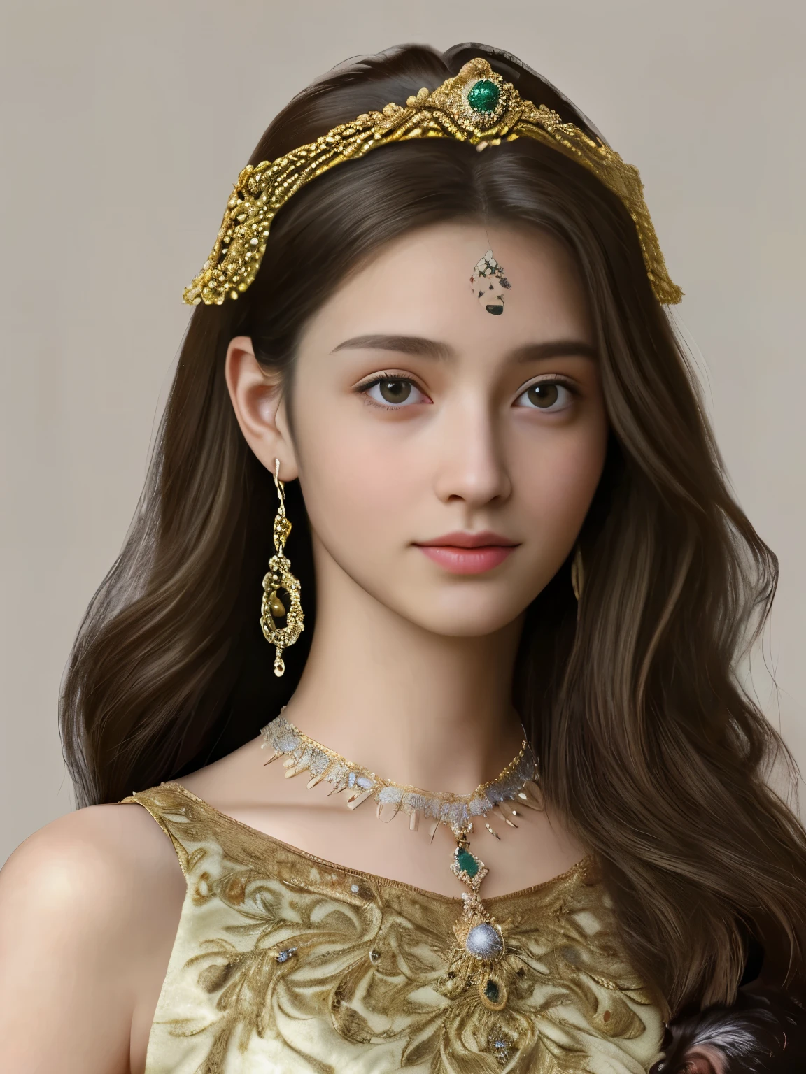 (highest quality, 4K, 8k, High resolution, masterpiece:1.2), Super detailed, 18-year-old noble girl、 ((In the palace corridor、Holding a puppy to one's chest)) 、Exquisite facial features,A smile containing a faint sadness、Clear and bright eyes,Long curly hair details, Relaxed, natural posture,Graceful posture, The golden ratio of head and body,Dreamy atmosphere, Mysterious atmosphere, Artistic interpretation,Delicately rolled hair,Super ultimate detail,Exquisite detail,Fresh aesthetics,Stunningly elaborate costumes, Fantasy Illustration, Subtle colors and tones, Mysterious Aura,Details have been upgraded