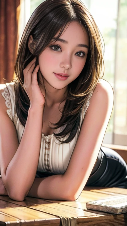 Highly detailed CG Unity 8k wallpaper, Very delicate and beautiful, Official Art, Absurd, Super detailed,The light shines on your face,Looking at the audience, Slim Waist, Whole Body Ezbian, Persistence, ((Short corset)), Bare arms, bangs, (highest quality, 4K, On the table: 1.3), Beautiful Japanese women in their 40s、15age、Surreal, 1 girl,The face is rich in detail,Lips Detail, Beautiful Eyes,double eyelid, (Beautiful and delicate lips),Sexy Face、Light brown hair、Medium length hair、(A captivating sight: 1.2), Flowing Hair、((Lonely))、 Half-laugh, Color background, Looking at the audience,Cinema Lighting,
