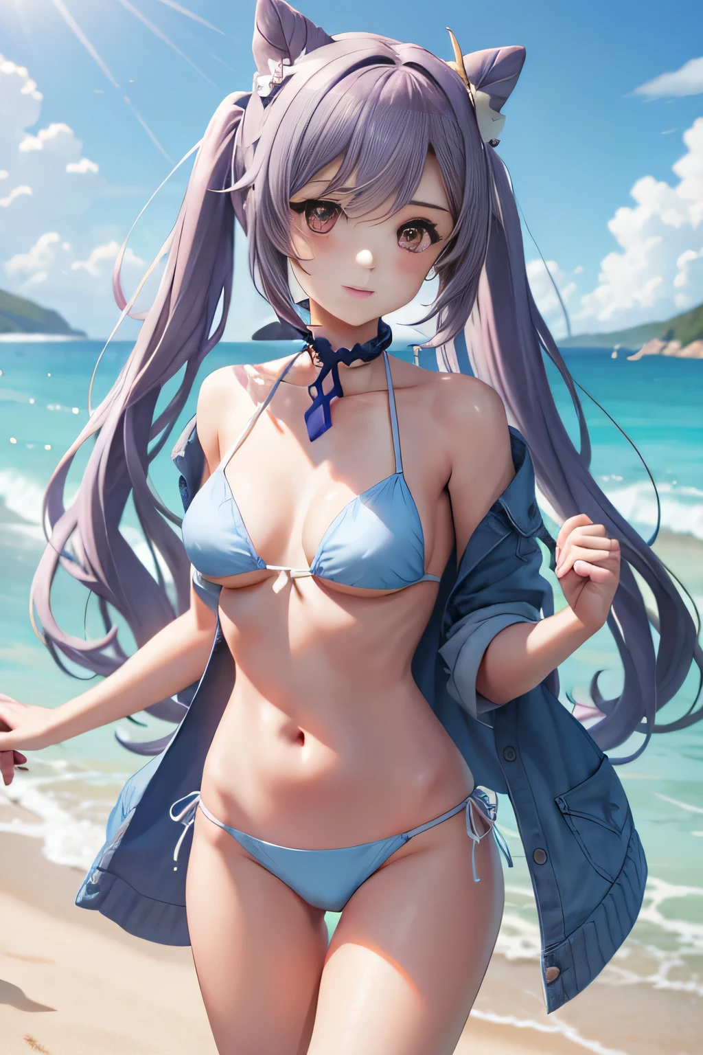 Holding hands，Light blue bikini，beach、Slim body、Slender body、Detailed illustrations、highest quality、first-class