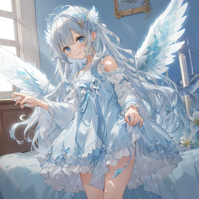 A super beautiful 6  angel with sparkling round blue-green eyes, a smiling expression, and a soft and gentle aura in a moe anime style. Full body. She wears a fluffy, elaborate, cute pajama dress decorated with delicate, detailed ribbons and lace and full of blue-toned bows, lace and frills. Her hair is a wavy silver and pale light blue mesh with ribbons matching her outfit. ( She has translucent light blue glowing angel wings and angel rings). In the background is a lovely bed in a child's  She is surrounded by glittering, dusty, softly glowing lights, adding to the magical, otherworldly, magical fantasy atmosphere. ((Line drawings beautifully detailed and of the highest quality))