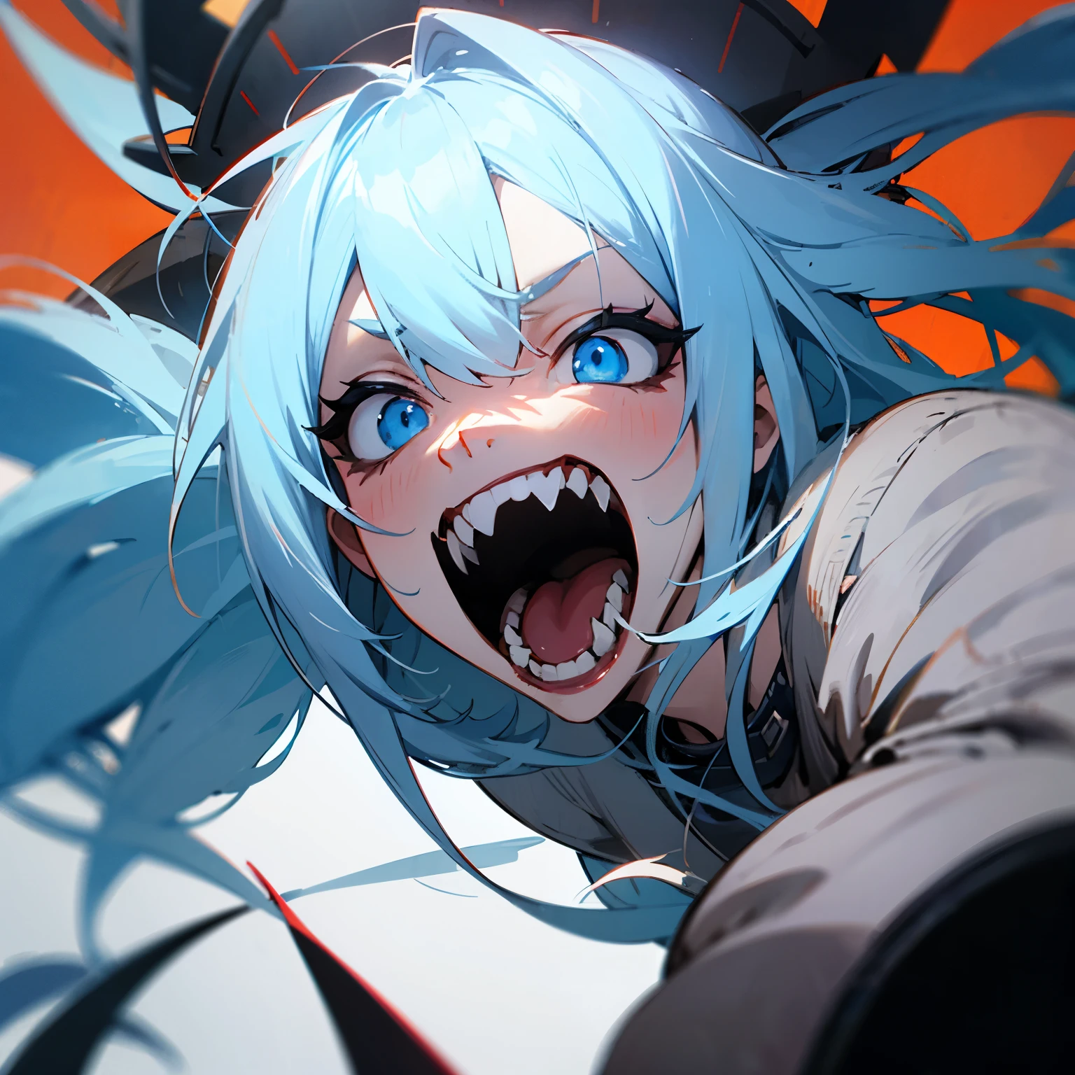 Long hair sharp teeth blue eyes psychotic