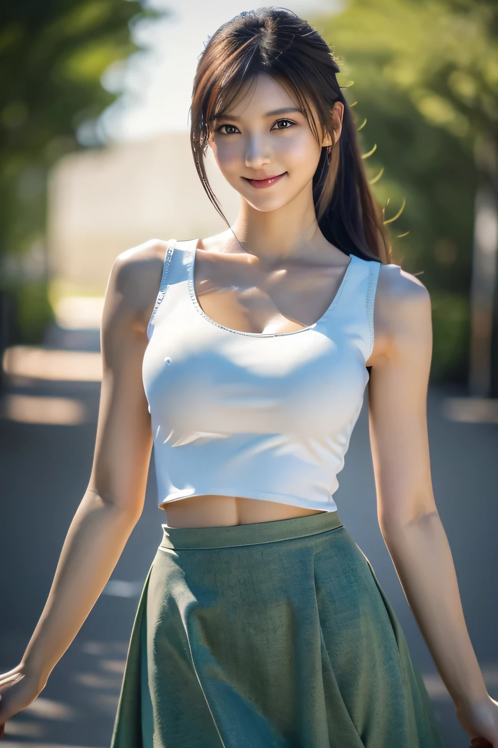 An innocent 20-year-old girl, (white sleeveless Asymmetrical top:1.5), (A-line skirt:1.5), (high heels), (Dramatic Pose),smile, (High Ponytail),natural Park、RAW Photos, (8k, highest quality, masterpiece:1.2), (Intricate details:1.4)、(Photorealistic:1.4), Octane Rendering, Complex 3D rendering with ultra-detail, Studio Soft Light, Rim Light, Vivid details, Super Detail, Realistic skin texture, Detailed aspect, Beautiful details in the eyes, Highly detailed CG Unity 16k wallpaper, compensate, (Detailed Background:1.2), Glowing Skin, whole body, (thin legs:1.2), (small waist), (Cleavage), (looking at viewer:1.2)