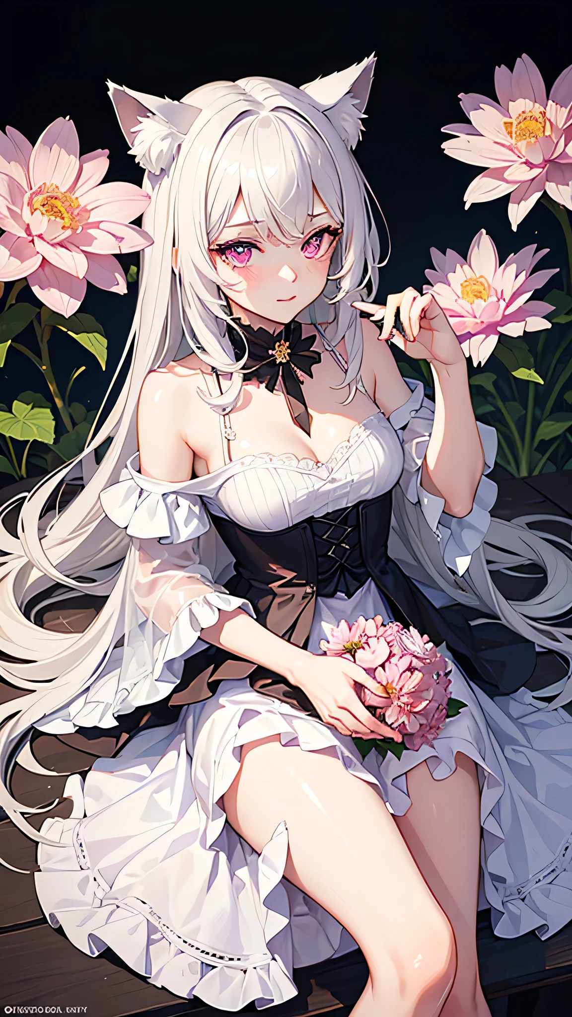 masterpiece,highest quality,Highly detailed face,Fine grain,Sparkling eyes,Highlighted eyes,Medium chest,pretty girl,Proud expression,Cat ear,Beautiful silver hair,Pink inside,Beautiful pink eyes,Dahlia,dress,water