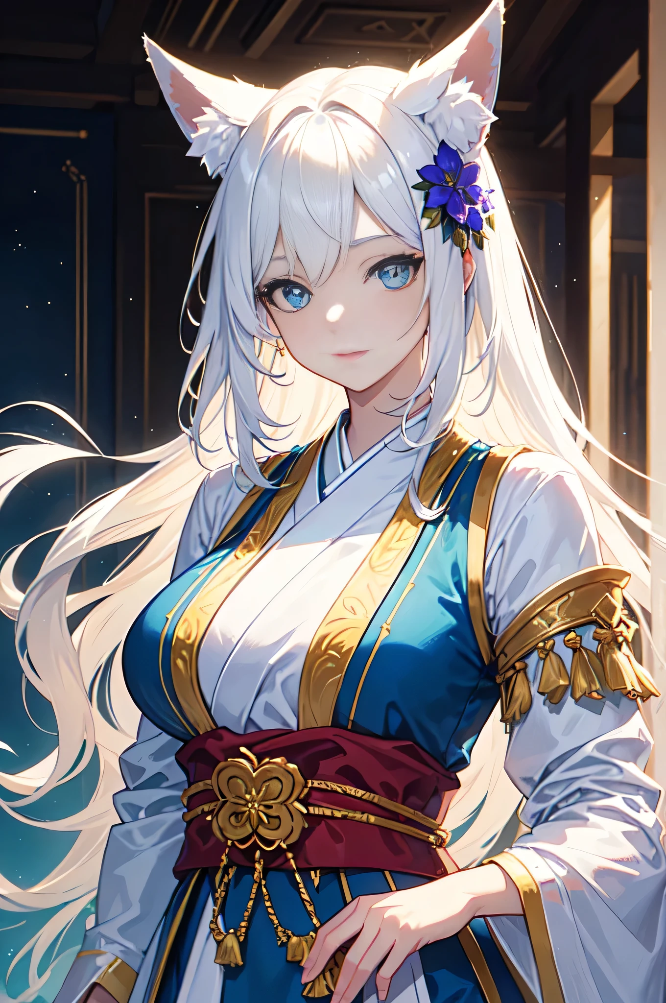 Anime Princess. A beautiful long flowing white hair, fox ears, stylish, blue, fiery flower background, handsome. ancient costumes, wearing white kimono in ancient costumes, fantasy world. Cinematic light, ethereal light, intricate detail, ultra detail, incredible detail, full color, intricate detail, extremely detailed and intricate, super maxed, ultra detailed with rich colors. masterpiece, best quality, aerial view, HDR, UHD, unreal engine. plump looking at lens, smooth thighs, (sparkling jewelry) ((acrylic illustration, by artgerm, by kawacy, by John Singer Sargenti) Dark virtual background, sparkling jewelry, Representation, white skin , beautiful face, Rich in details High quality, gorgeous, captivating, 8k, super detailed, stunning lights and shadows, detailed decoration, detailed lines Anime. japan Crown Princess. A beautiful long flowing white hair, fox ears, stylish, blue, fiery flower background, handsome.  sharp eyes