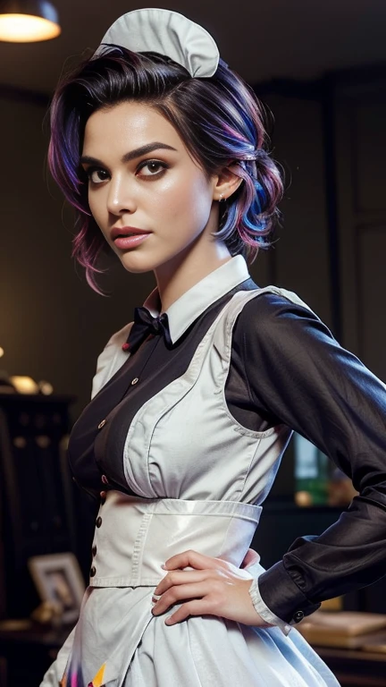 photo of celebrity, RAW, beautiful woman, ((portrait)), ((detailed face, colorful rainbow hair:1.2)), ((detailed facial feature, detailed skin, clear skin, parted lips), (perfect proportioned body, medium breasts, side boob), (wearing a maid costume, dynamic pose, short skirt long sleeve: 1.5)), (high detailed bedroom: 1.3), (side profile, realistic photo, best quality, detailed), (8k wallpaper), (cinematic lighting, dramatic lighting) (sharp focus, intricate)
