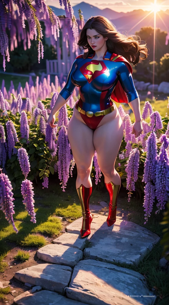 Superman (woman, Superman Glossy enamel costume in white with red and gold details) от DC Comics, CGI with clear focus, Photorealistic, high detail, Realistic, Masterpiece, absurdress, Best Quality, HDR, hiquality, hight resolution, Extremely detailed, 8k wallpaper, intricate details, 8K UHD, Full-HD, (foto realista:1.2), Contrast, sharp lighting, Cinematic lighting, natural lighting, hard light, Backlighting, Global Illumination, Environment Occlusion, ((Standing in the middle TOP OF A HIGH ROCKY MOUNTAIN, SUNSET, BLUE SKY,)) , Hyper_girl, (chubby:1.2) ((Only, full body view, standing , spread legs, facing the viewer, 1girl, background of garden, stone walls and pathways, wisteria trees, outside of mansion, official art, extremely detailed ,,))