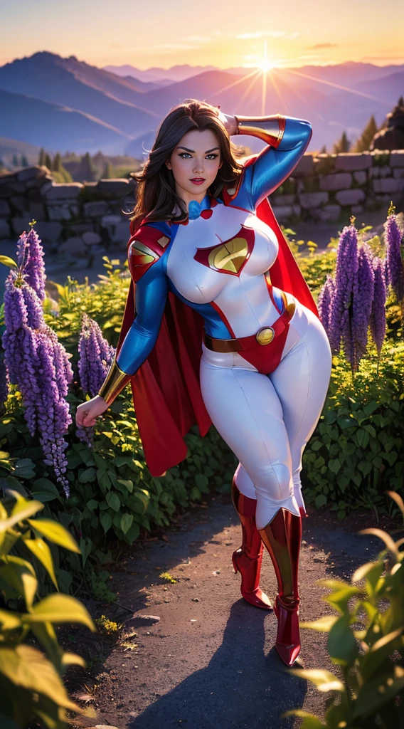 Superman (woman, Superman Glossy enamel costume in white with red and gold details) от DC Comics, CGI with clear focus, Photorealistic, high detail, Realistic, Masterpiece, absurdress, Best Quality, HDR, hiquality, hight resolution, Extremely detailed, 8k wallpaper, intricate details, 8K UHD, Full-HD, (foto realista:1.2), Contrast, sharp lighting, Cinematic lighting, natural lighting, hard light, Backlighting, Global Illumination, Environment Occlusion,  ((Standing in the middle TOP OF A HIGH ROCKY MOUNTAIN, SUNSET, BLUE SKY,)) , Hyper_girl, (chubby:1.2)   ((Only, full body view, standing , spread legs, facing the viewer, 1girl, background of garden, stone walls and pathways, wisteria trees, outside of mansion, official art, extremely detailed ,,))
