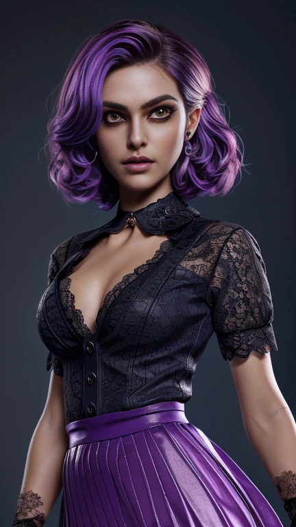 photo of celebrity, RAW, beautiful woman, ((portrait)), ((detailed face, colorful rainbow hair:1.2)), ((detailed facial feature, detailed skin, clear skin, parted lips), (perfect proportioned body, medium breasts, cleavage), (wearing flowing long skirt,lace, short sleeves, collar, lace gloves, Purple eye makeup: 1.5)), (high detailed dark Castle background: 1.3), (realistic photo, best quality, detailed), (8k wallpaper), (cinematic lighting, dramatic lighting) (sharp focus, intricate)