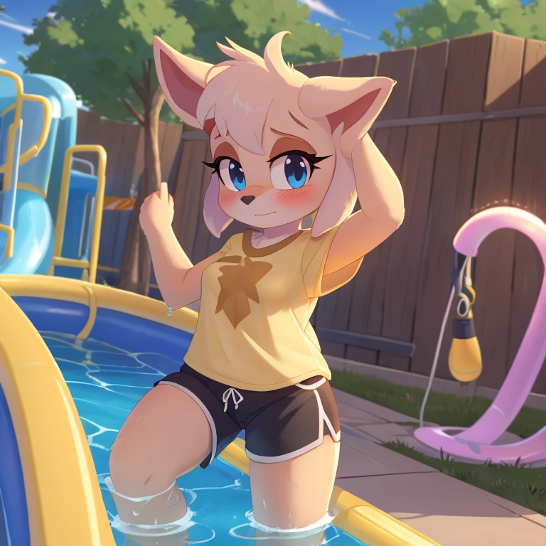 Score_9, score_8up, highres, 1girl, lop \(star wars visions\), furry, shy, meek, yellow oversized shirt, black bikini strap, shorts, small breasts, blushing, water park