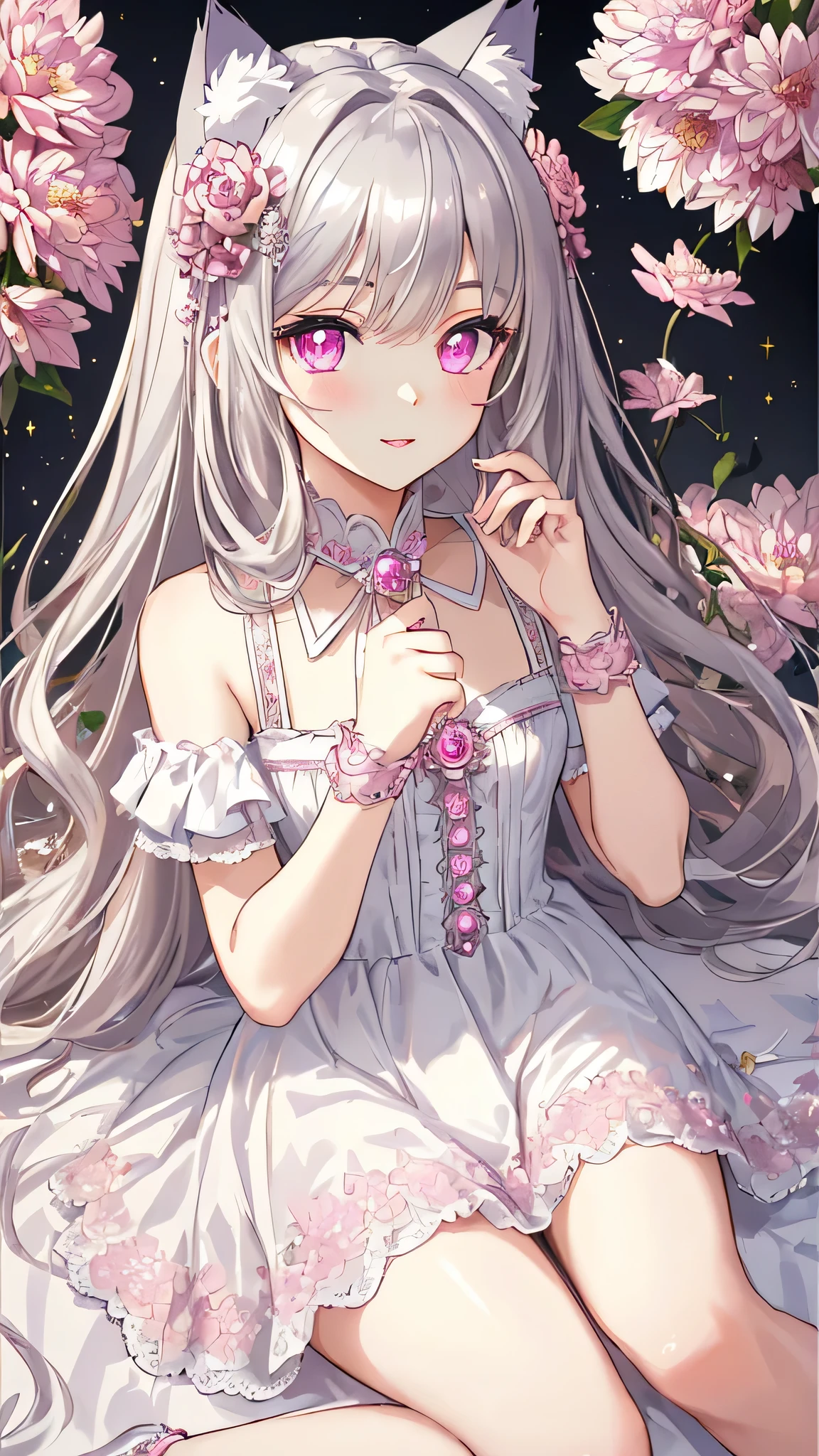 masterpiece,highest quality,Highly detailed face,Fine grain,Sparkling eyes,Highlighted eyes,Medium chest,pretty girl,Proud expression,Cat ear,Beautiful silver hair,Pink inside,Beautiful pink eyes,Dahlia,dress,