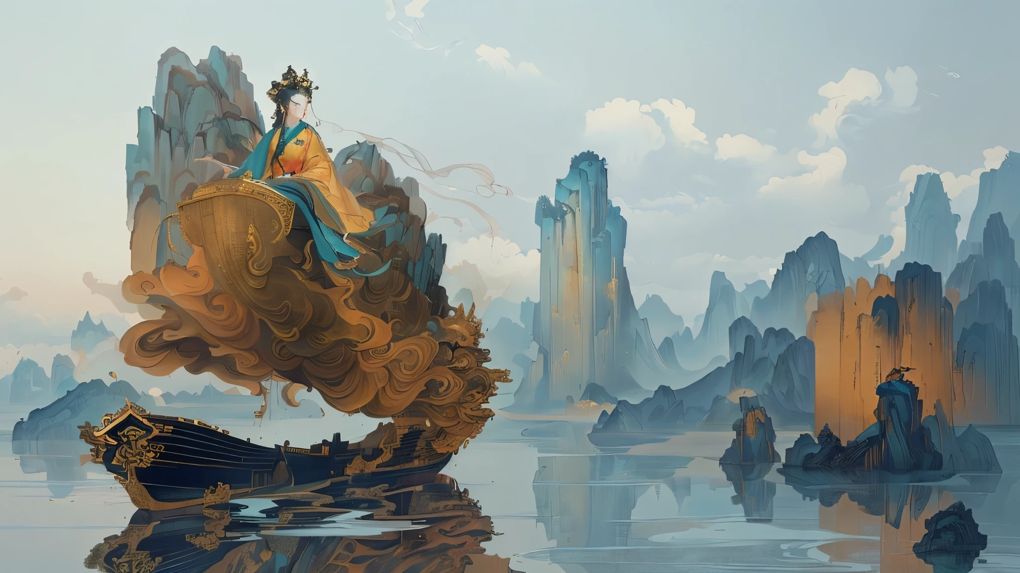 There are three boats in the water，There is a statue in the background, Guanyin of the southern seas, Beautiful rendering of the Tang Dynasty, Queen of the Sea Mu Yanling, Guanyin, Floating Chinese satire, &quot;Matte&quot;, &quot;Matte&quot;, Inspired by Yang Buzhi, 3D rendering and matte, shui mo hua, Inspired by Li Di