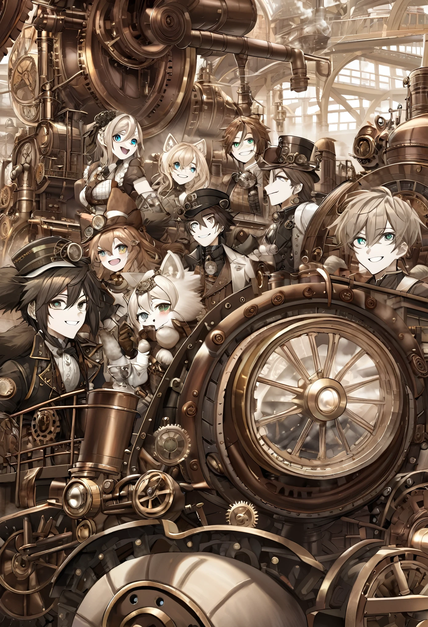 dynamic angle, top quality, best quality, High-quality illustrations, masterpiece, super high resolution, detailed background, detailed backgroundsteampunk, Steam engines, gear wheel, group shot:0.1, 6+boys, 6+girls, Happy, joyful, absurdres(highly detailed beautiful face and eyes)perfect anatomy(kemono, furry anthro),