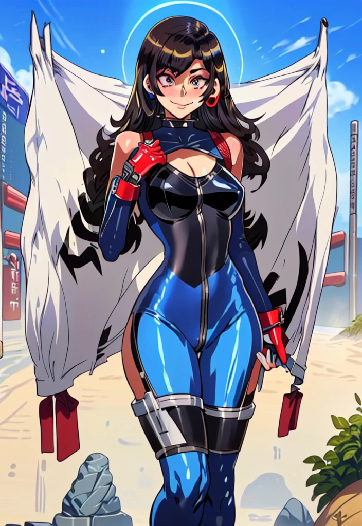 (a cartoon picture of a solo woman in a blue latex suit inspired by: nico robin, tifa lockhart, marin kitagawa fanart, hinata hyuga, mayuri shiina, character from king of fighters, drawn like the anime speed racer), seductive anime girl,  thicc, biomechanical oppai, on a racetrack, oppai, wearing tight suit, cyberpunk racetrack, (illustration inpired by : f zero, redline, wipeout, speed racer and king of fighters)