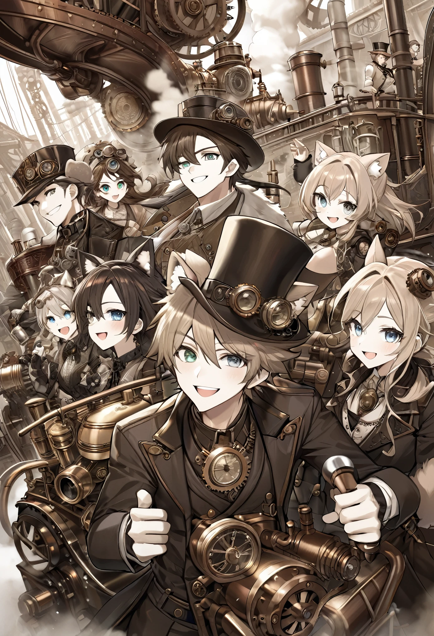 dynamic angle, top quality, best quality, High-quality illustrations, masterpiece, super high resolution, detailed background, detailed backgroundsteampunk, Steam engines, gear wheel, group shot:0.1, 6+boys, 6+girls, Happy, joyful, absurdres(highly detailed beautiful face and eyes)perfect anatomy(kemono, furry anthro),