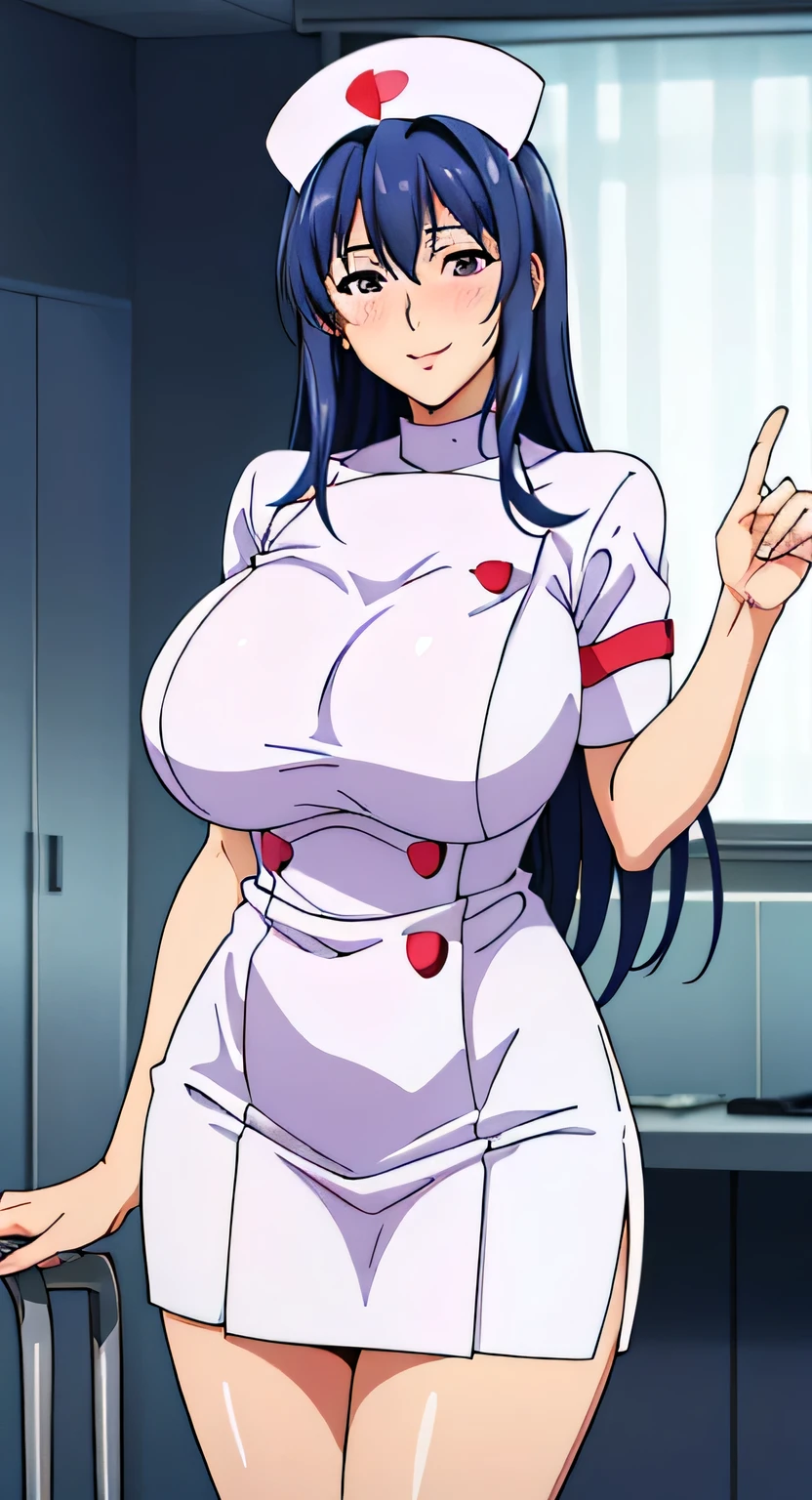 (white nurse outfit : 1.3), white skirt, (white nurse hat), medicalroom, Nijou Aki, 27 yo, mature women, anime cels style, best quality, high resolution, (gigantic breasts:1.3), cowboy shot, blush, smiling, (purple eyes), blue hair