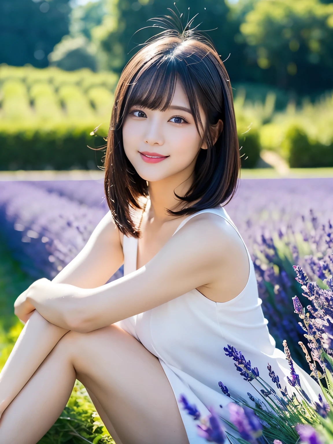 (squat)、(highest quality:1.5)、(Realistic:1.5)、(1 person:1.5)、(Very detailed)、(High resolution)、8k、(Wear a dark dress with lace)、(Small breasts)、Natural color lips、Cute Smile、20-year-old girl、(Beautiful and elaborate face)、(Perfect and beautiful face)、(Big eyes)、(Beautiful and elaborate face)、(Beautiful, balanced eyes)、Perfect and beautiful double eyelids、Perfect and beautiful face、Arched eyebrows、 Thin eyebrows、Feminine poses、Slim face、(Slim figure)、Beautiful and thin nose、 Beautiful Skin、(ミディアムBob Hair)、Bob Hair、Natural Bangs、Fair skin、Front lighting、(Lighting the face)、Deep blue eyes、Slim waistline、(A hill full of lavender)、(lim and beautiful legs、Lavender Fields、
