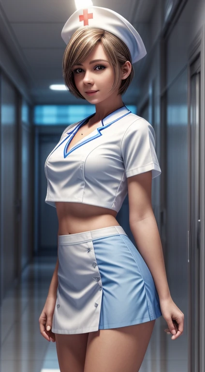 1 girl, solo, short hair, nurse outfit, white top with blue skirt, nurse cap, nurse budge, perfect light, 8k, masterpiece:1.2, ultra-detailed, realistic:1.37, full HD, hospital background